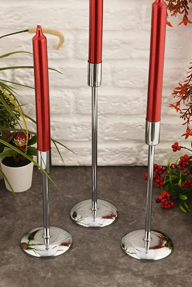 Gianno Dekoratif Düz Tij Mumluk 3 Lü Takım Gold-Gümüş